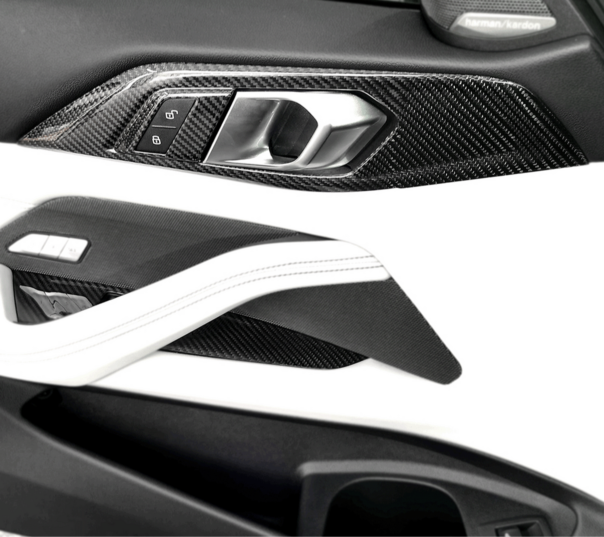 Éléments intérieurs de portes en fibre de carbone pour BMW G82 / G22 – Kit 4 pièces – Conduite à gauche (LHD)