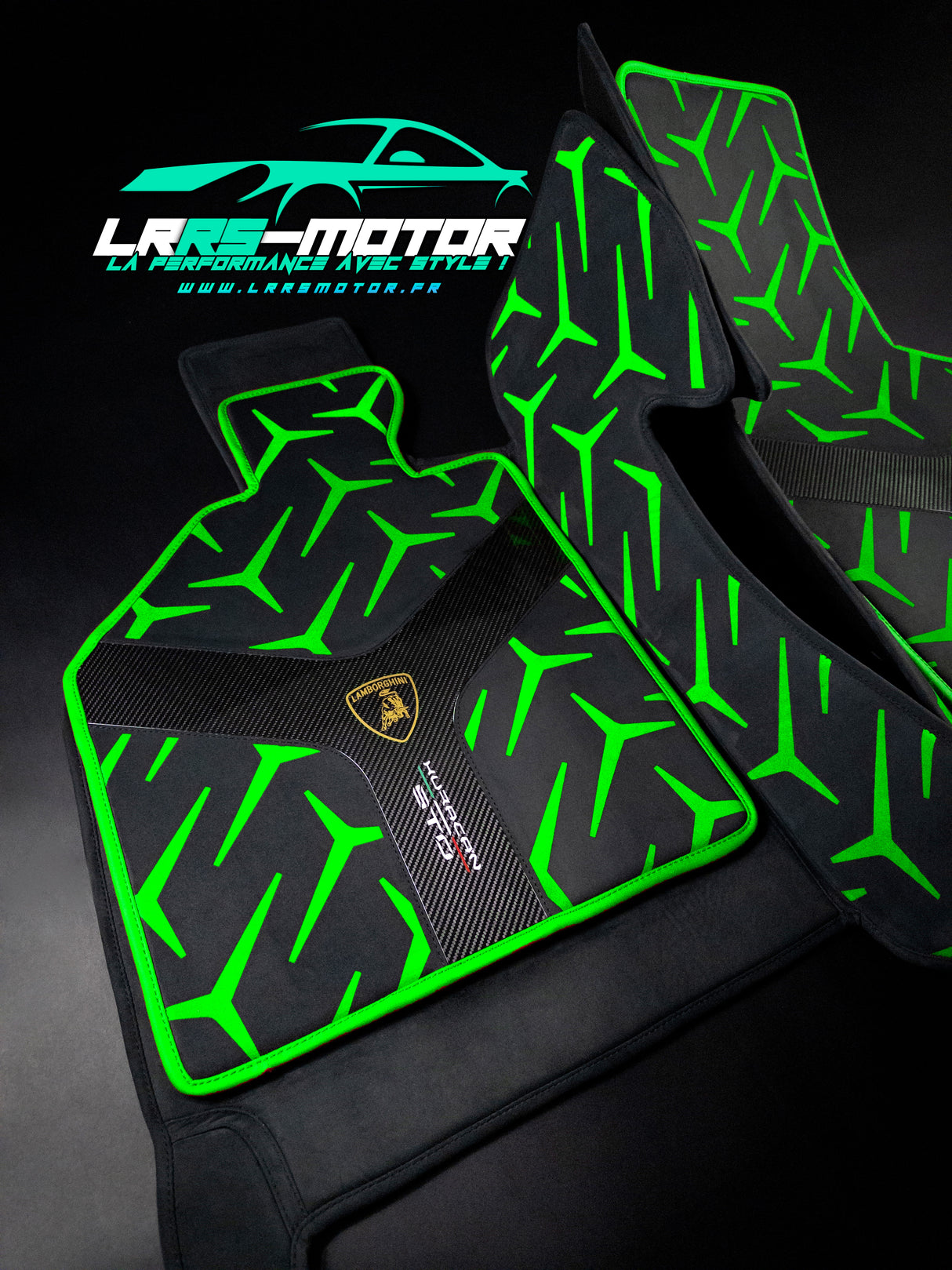 Tapis de sol sur mesure Lamborghini Huracán STO x2 – Carbone & Alcantara véritable – Garantie 5 ans