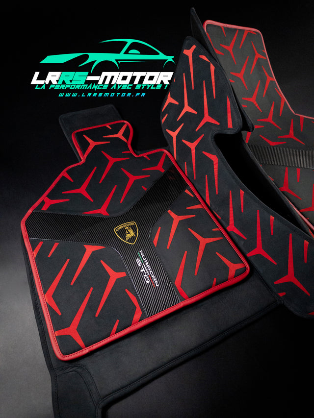 Tapis de sol sur mesure Lamborghini Huracán STO x2 – Carbone & Alcantara véritable – Garantie 5 ans