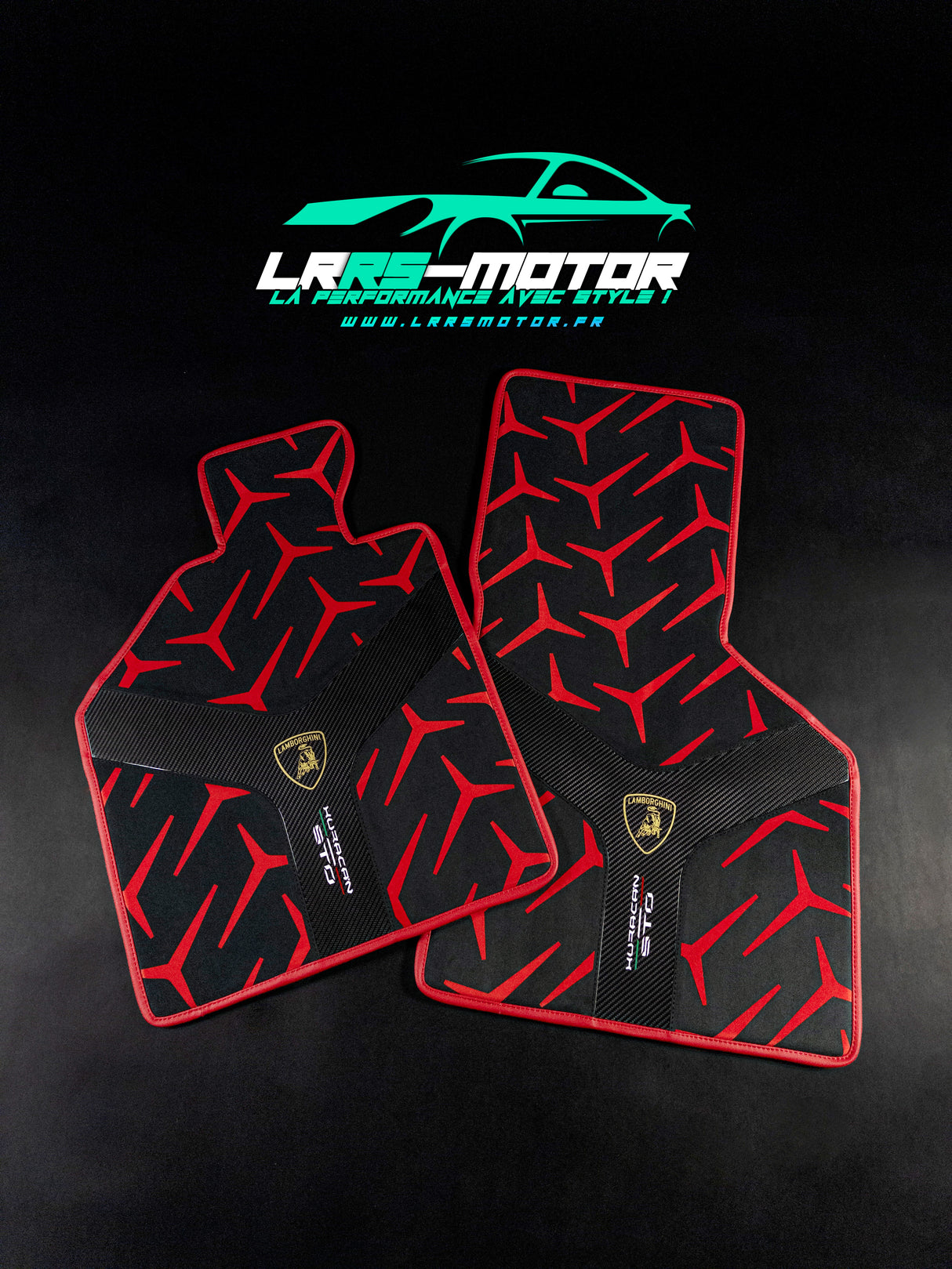 Tapis de sol sur mesure Lamborghini Huracán STO x2 – Carbone &amp; Alcantara véritable – Garantie 5 ans