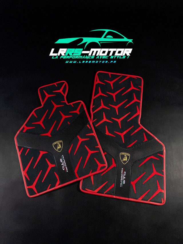 Tapis de sol sur mesure Lamborghini Huracán STO x2 – Carbone &amp; Alcantara véritable – Garantie 5 ans