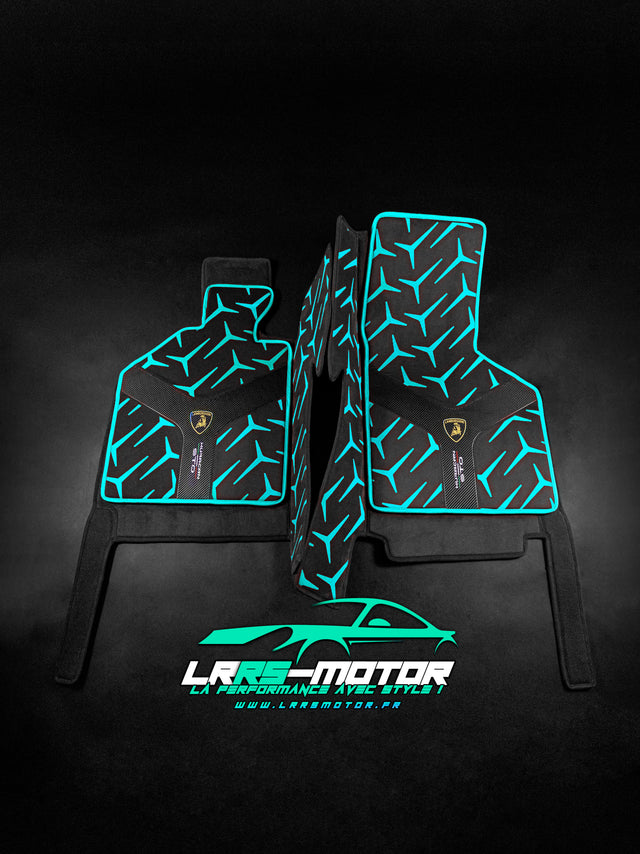 Tapis de sol sur mesure Lamborghini Huracán STO x2 – Carbone &amp; Alcantara véritable – Garantie 5 ans
