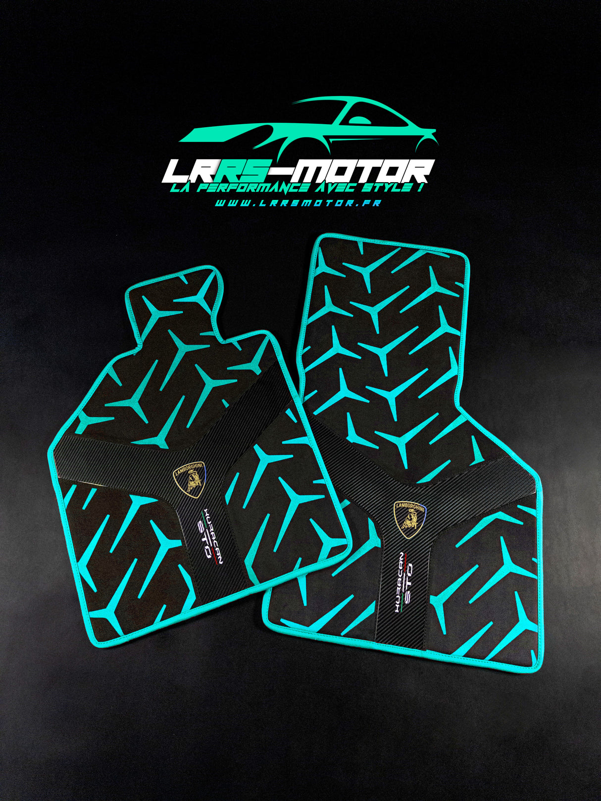 Tapis de sol sur mesure Lamborghini Huracán STO x2 – Carbone &amp; Alcantara véritable – Garantie 5 ans